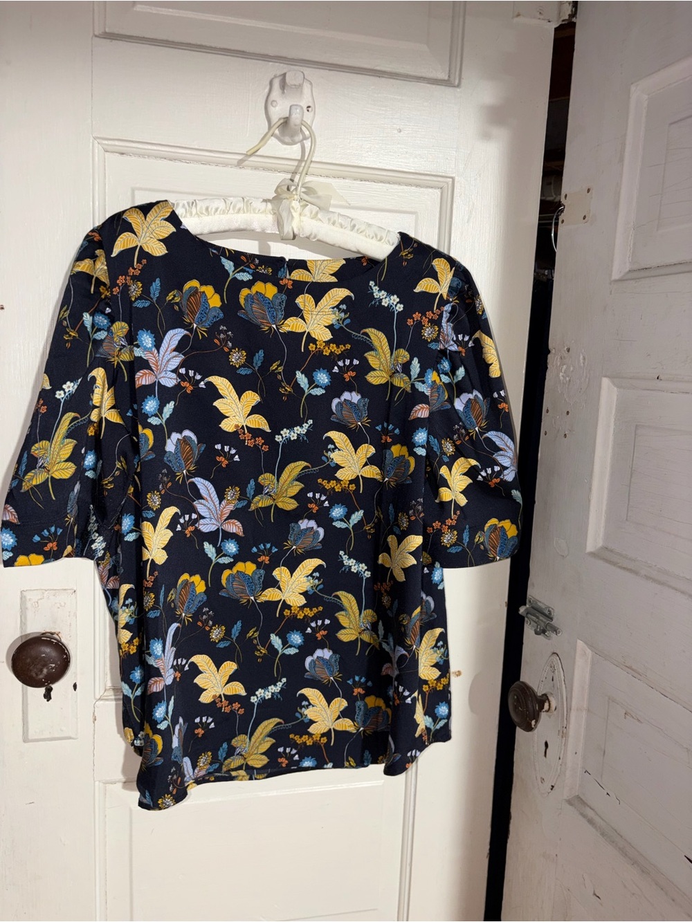 LOFT Navy Floral Flutter Sleeve Blouse with Yellow Accents